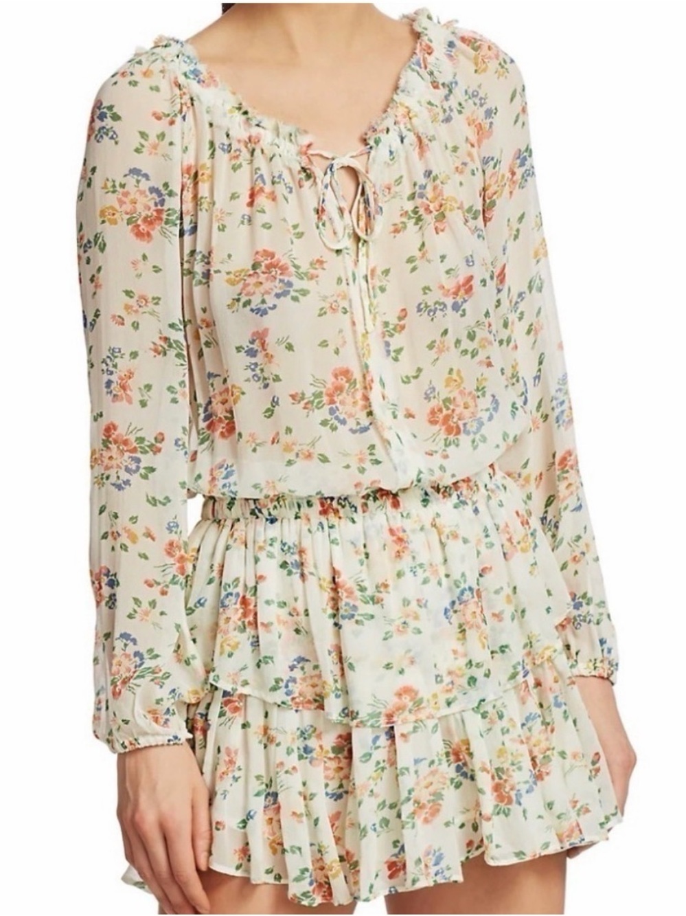 LOVE SHACK FANCY Floral Ruffle Long-Sleeve Mini Dress - Cream Floral